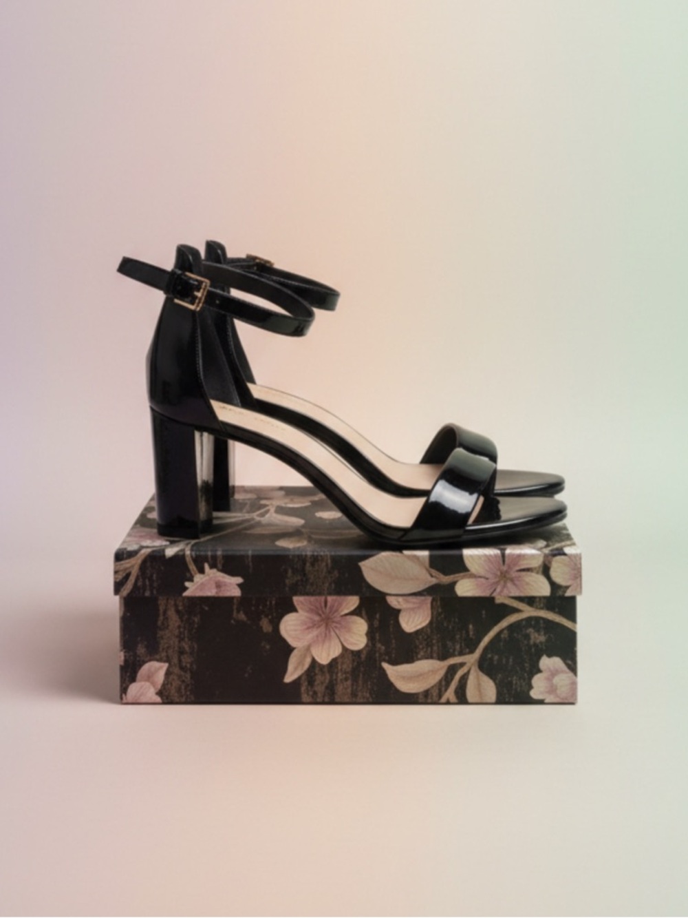 Nine West Black Patent Ankle-Strap Block Heels